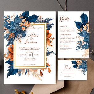 Indigo Rust Modern Floral Wedding Save The Date Announcement Postcard