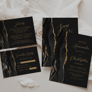 Agate Black Gold Script Dark Wedding Save The Date