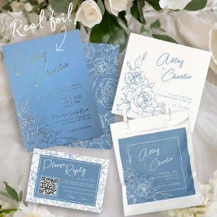 Dusty Blue & White Botanical Line Drawing Wedding Invitation
