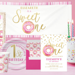 Doughnut Sweet One 1st Birthday Party Pink and Gol Invitation