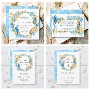 Under the Sea Blue Gold Summer Wedding Invitation