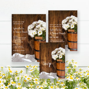 Wooden Bucket of White Daisies Barn Wedding RSVP