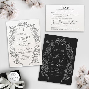 Black white fleur de lis wedding meal option RSVP Tri-Fold Invitation