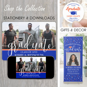 Modern Script Orange and Blue 4 Photo Graduation Announcement