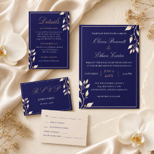 Elegant Navy Gold Watercolor Botanical Wedding Save The Date