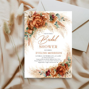 Boho terracotta burnt orange flowers eucalyptus invitation
