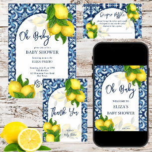 Blue Majolica Tiles Lemons Mediterranean Baby Show Invitation