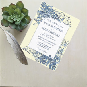 Dusty Blue, Yellow Floral Watercolor Art Wedding Invitation