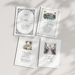 Invitation Photo de Mariage noir et blanc monogramme et code 
