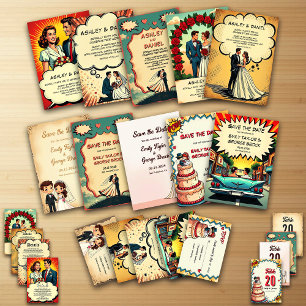 Vintage Retro Romantic Couple Comic Floral Wedding Invitation