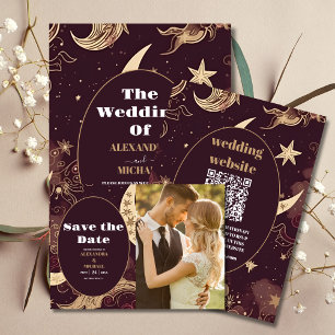 Photo Elegant Burgundy Gold Celestial Wedding Save The Date