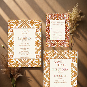 Mexican Talavera brown elegant wedding with RSVP Invitation