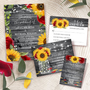 Rustic Red Rose Sunflower Wedding Save the Date Announcement Postcard