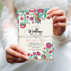 Bright orange Folk Flowers floral wedding Invitation