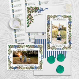 Red Bows and Holly Garland One-Photo Christmas Holiday Card