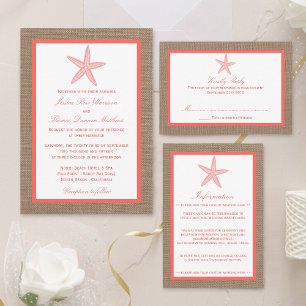 The Coral Starfish Burlap Beach Wedding Collection All In One Invitation