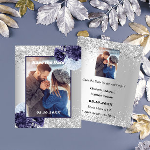 Silver navy blue floral budget wedding invitation flyer