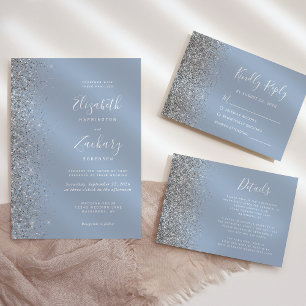 Modern Silver Glitter Edge Dusty Blue RSVP Card