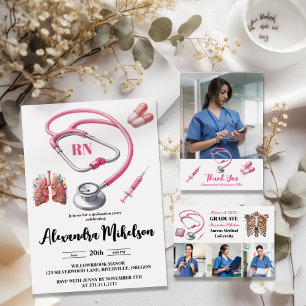 2 Photo Watercolor Pink Nursing School Graduate  Announcement