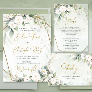 Bohemian White roses eucalyptus gold oval frame Invitation