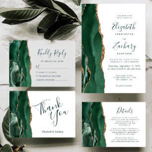 Modern Emerald Green Gold Agate Script Wedding Invitation