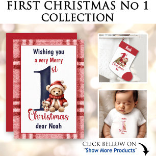 1st Christmas Teddy Bear Christmas Tree Plaid Holiday Card