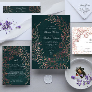 Budget Elegant Green Wreath Bronze Wedding Invite