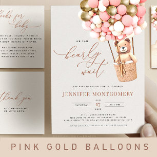 Pink Gold Teddy Bear Balloon Girl Bearly Wait Invitation