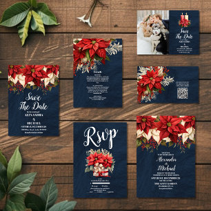 Invitation Tout En Un Rustic Navy Poinsettia Floral Mariage de Noël