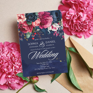 Navy blue pink burgundy roses wedding template
