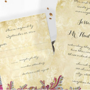 Pink Gold Raspberry Paisley Damask Floral Wedding Invitation