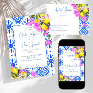 Blue Tiles Bougainvillea lemons elegant wedding  Invitation