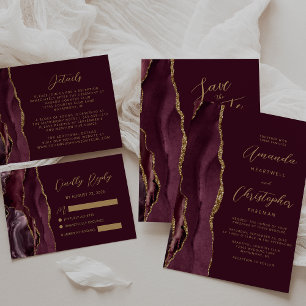 Carte D'accompagnement Burgundy Agate Gold Script Détails du Mariage