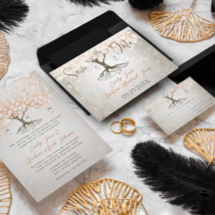 Rustic Blush Peach Tree Dove Love Bird Wedding Invitation