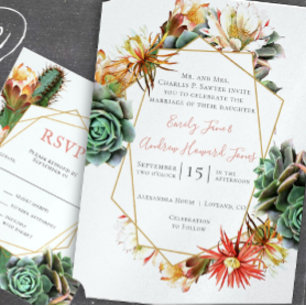 Pink Purple Floral Geometric Gold Frame Wedding  A All In One Invitation