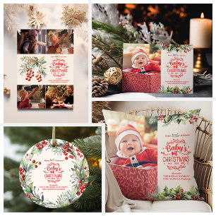Photo Elegant Floral Baby's First Christmas Holiday Card