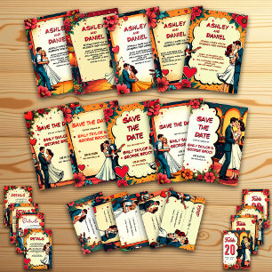 Retro Romantic Couple Dance Comic Style Wedding Invitation