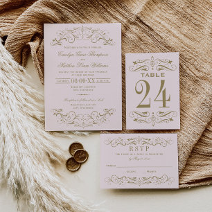 Vintage Pink and Antique Gold Flourish Wedding Table Number