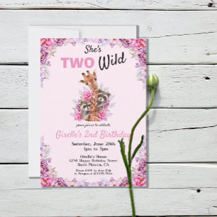 Two Wild Pink Safari Giraffe Floral Birthday Party Invitation Postcard