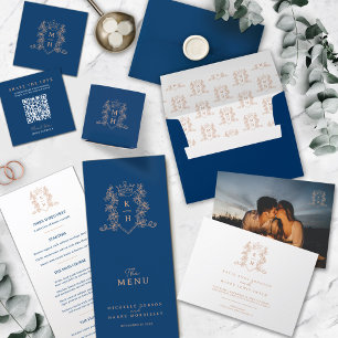 Monogram crown crest blue and rose gold wedding classic round sticker