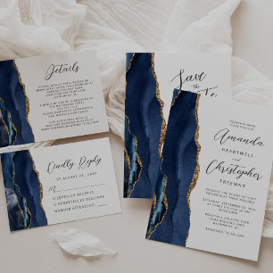 Agate Navy Blue Gold Script Wedding Invitation