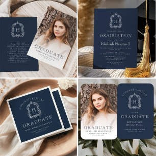 Classic Navy Blue Monogram Crest Graduation Party Invitation