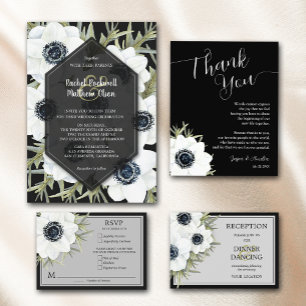 Watercolor Anemones Botanical Navy Blue Wedding Invitation