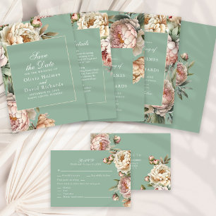 Pastel Sage Green Blush Peony Wedding Invitation
