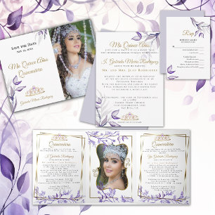2 Photo Purple Foliage Mis Quince Años Tri-Fold Invitation