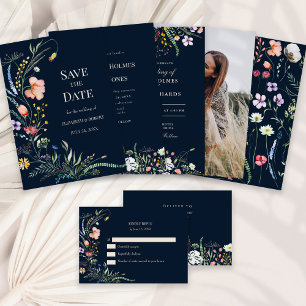 Navy Blue Wildflower Meadow Wedding RSVP Card
