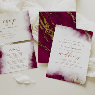 Carte D'accompagnement Burgundy Red Gold Marble Détails du Mariage