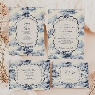 Elegant Baroque Blue French Garden Floral Wedding All In One Invitation