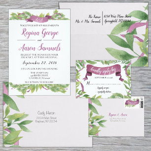 Floral Purple & Green Watercolor Leaves Invitation