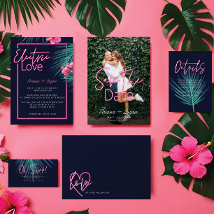 Electric Neon Pink Tropical Destination Birthday Invitation